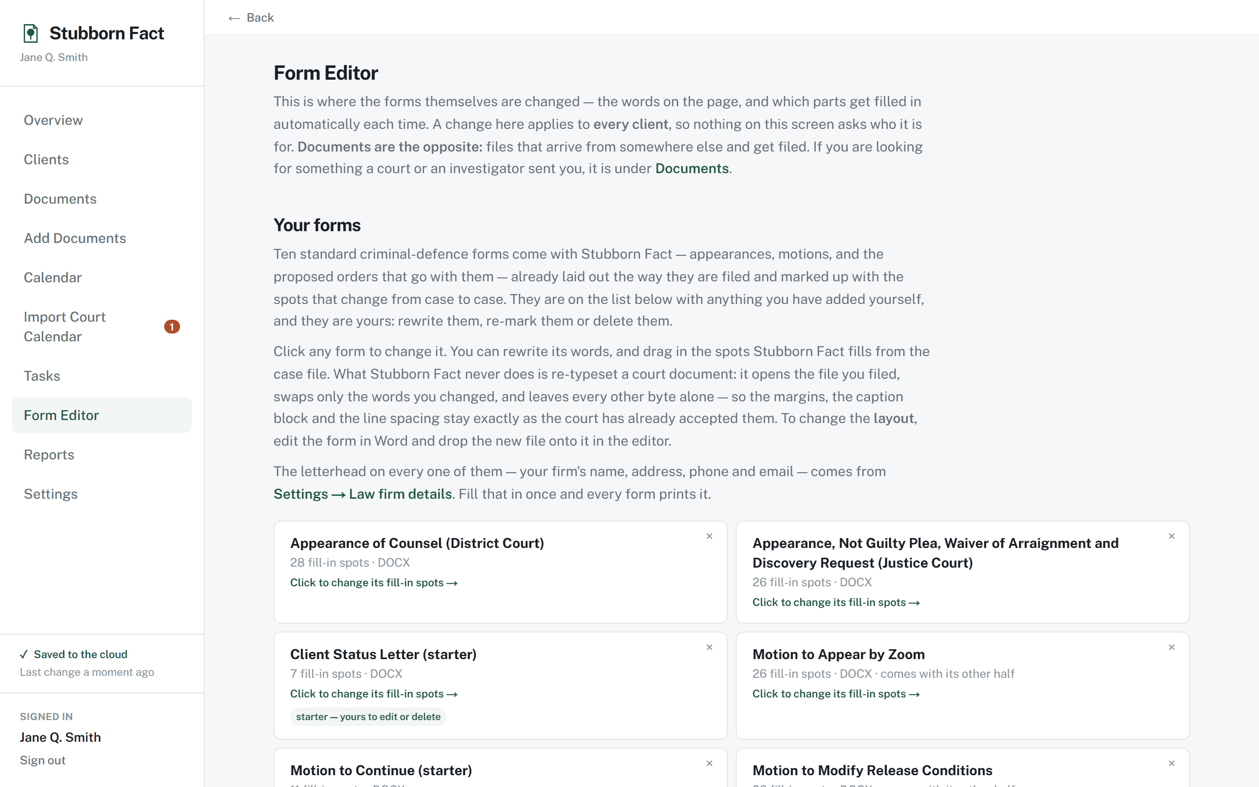 The form editor: the standard criminal-defense forms, each with its fill-in spots, ready to generate from a case